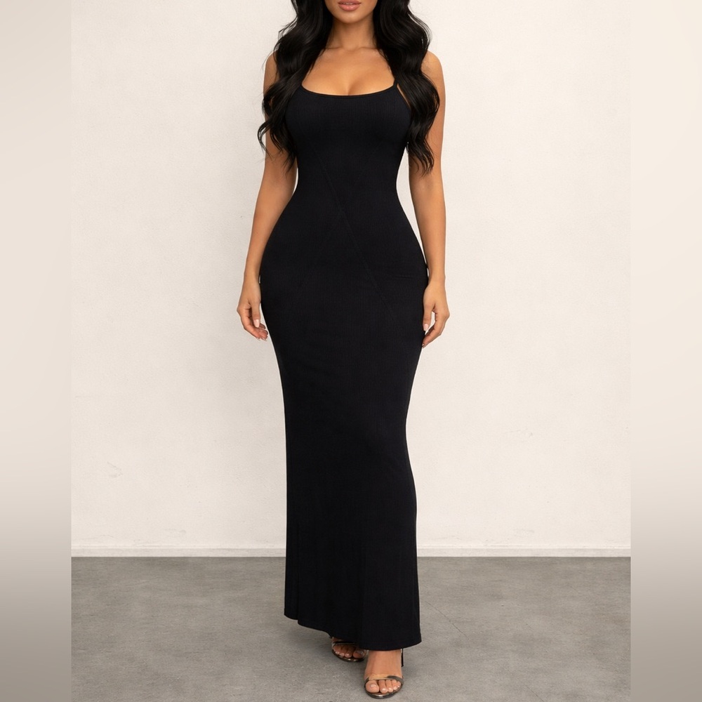 INC international concepts black sleek maxi dress thick textured spaghetti maxi